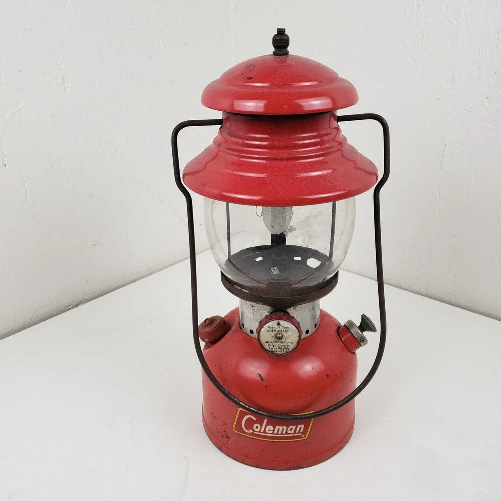 Coleman 200A Red Gas Lantern Single Mantle Original Pyrex Globe USA 11/57
